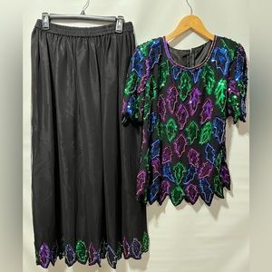 Vintage Monika sequin beaded leaf design dress top And Skirt  purple green Small